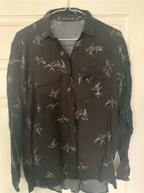 Zara Black Button-Down Shirt with White Bird Print